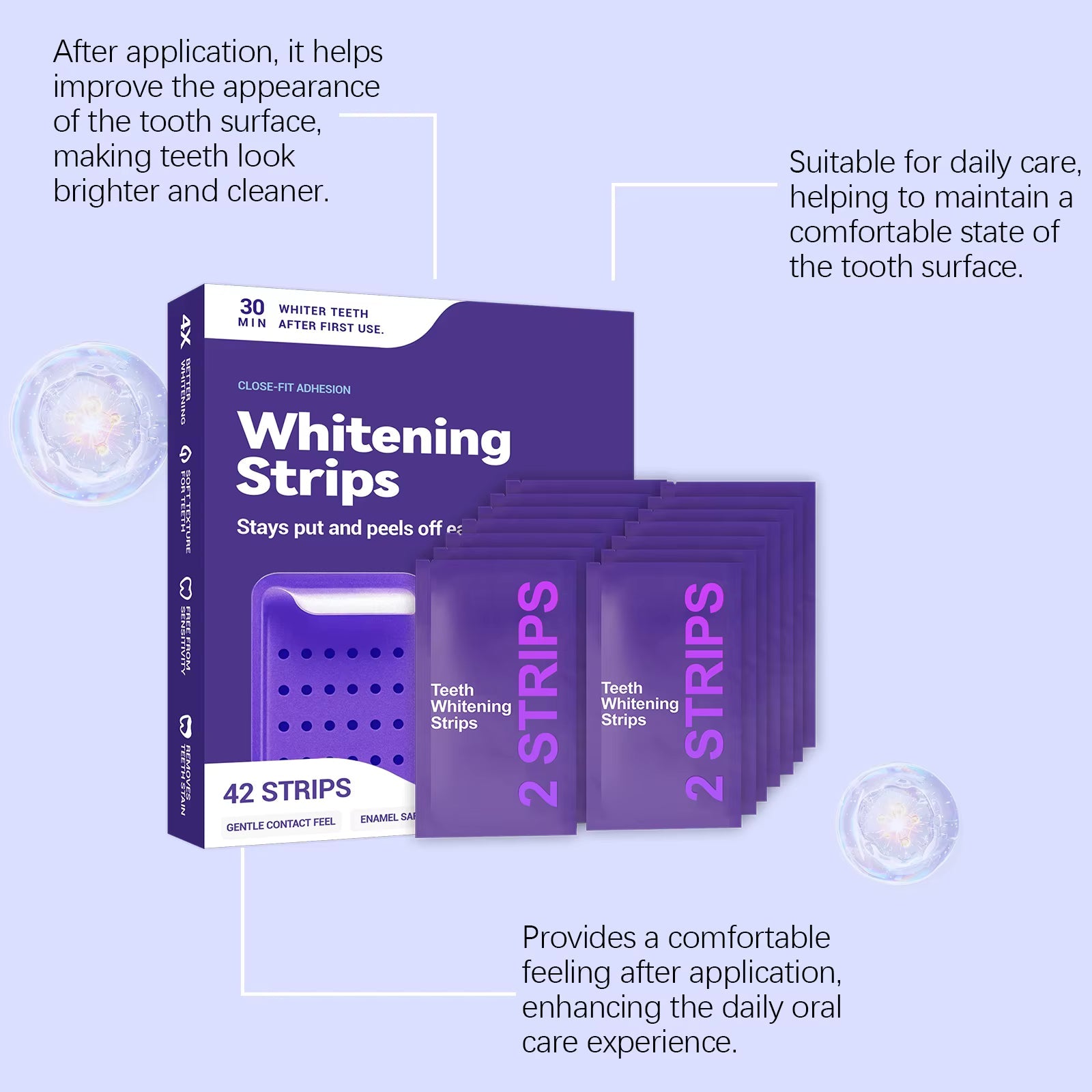 Purple Teeth Whitening Strips with Fresh Breath and Stain Removal